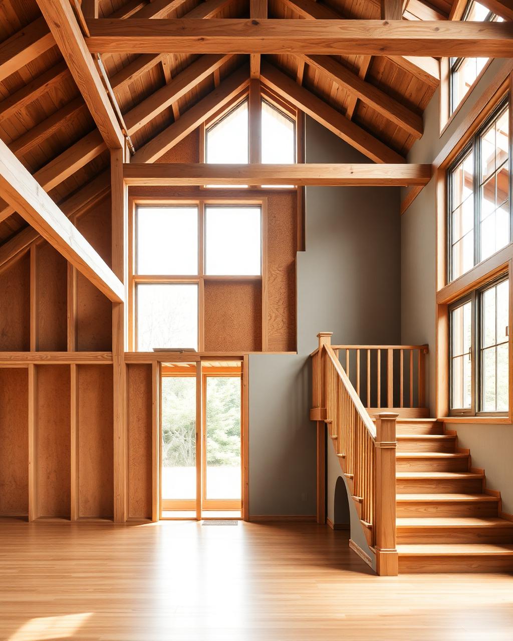 Interior de vivienda con estructura de vigas de madera y escalera de roble terminada